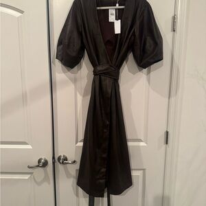 Astr choc brown Faux  Leather Balloon wrap dress Sleeve Dress
